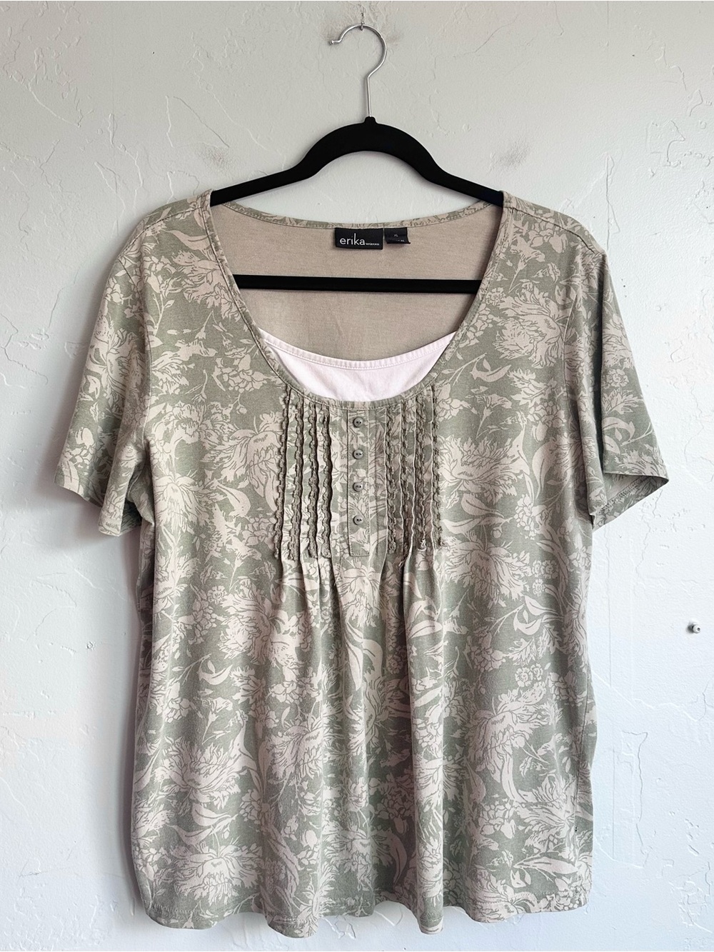 Vintage Erika Green Floral Pintuck Short Sleeve Tee Size XL Cottagecore